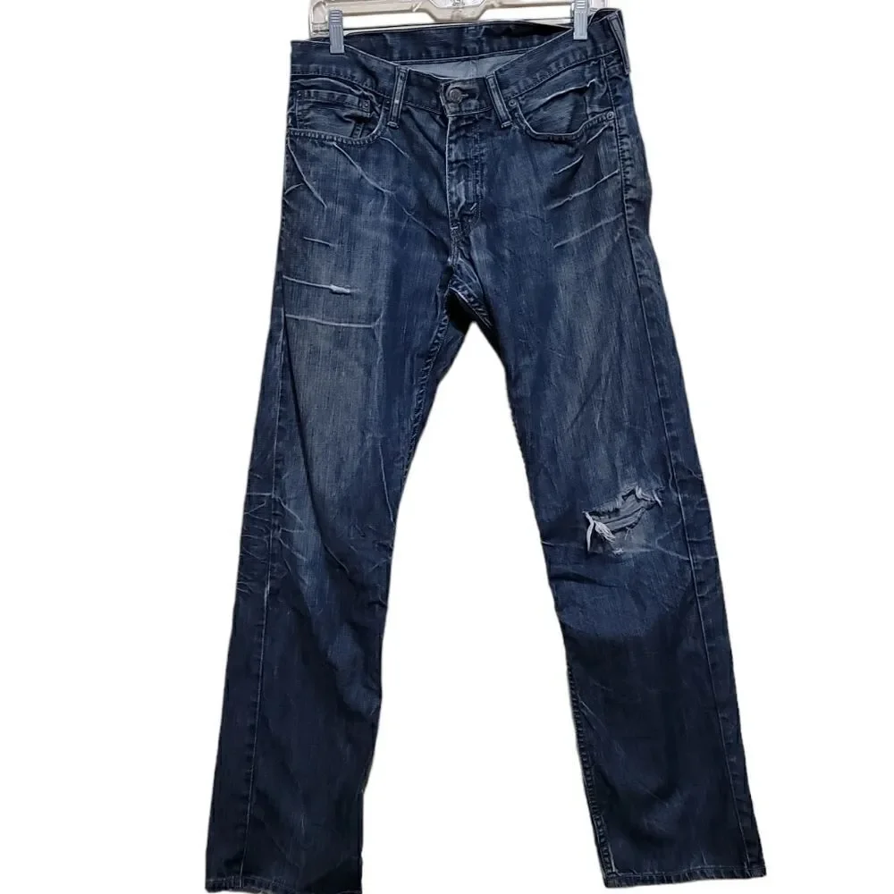 Levi Strauss 514 Men's Blue Stone Wash Distress Slim Straight Jeans Sz 32x32